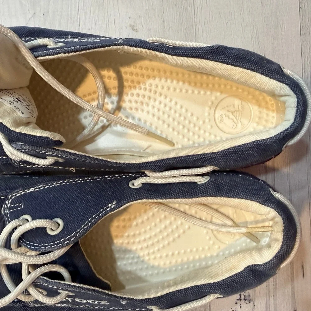 Crocs Hover Boat Shoe Nautical Navy Blue Canvas Lace Up Loafers Slip On Womens 9